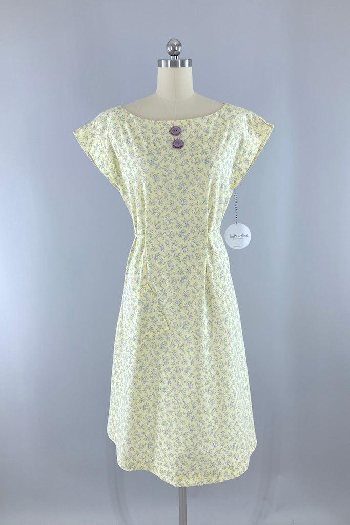 Vintage Pastel Yellow Floral Cotton Dress-ThisBlueBird