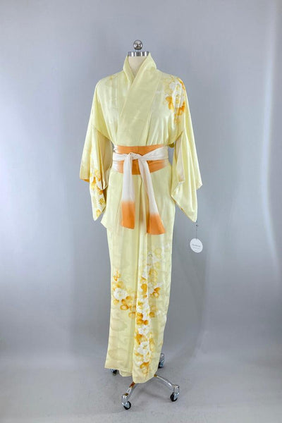 Vintage Pastel Yellow & Gold Floral Kimono Robe-ThisBlueBird