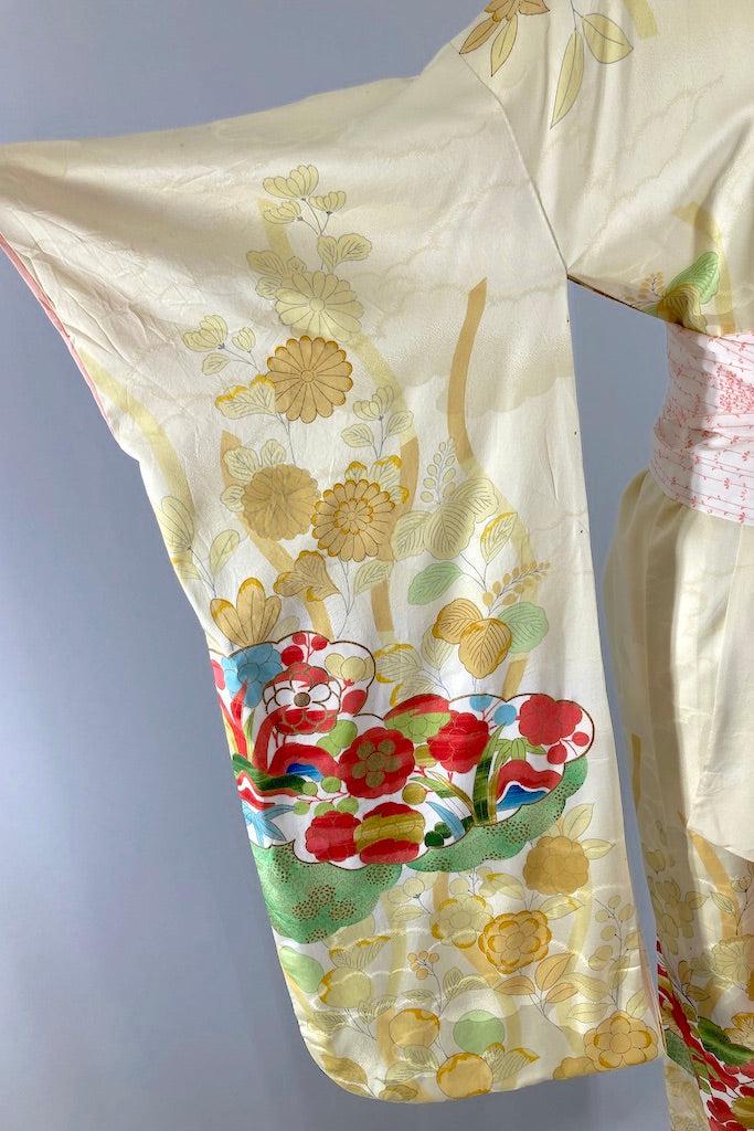 Vintage Pastel Yellow & Red Floral Silk Kimono Robe-ThisBlueBird