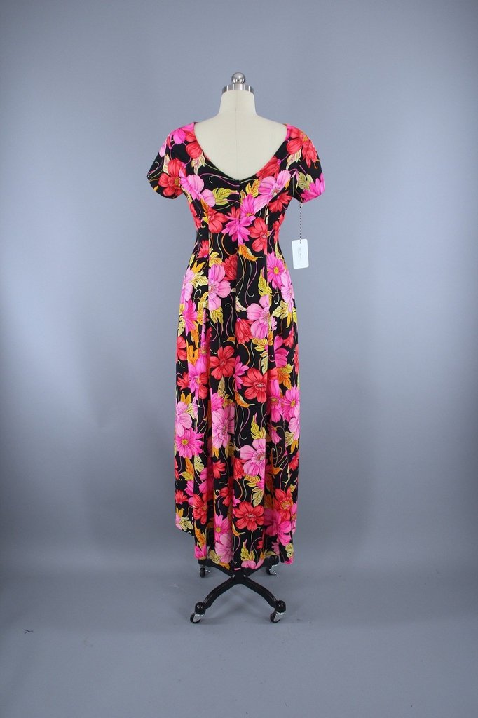 Vintage 1960s Hawaiian Maxi Dress / Black &amp; Pink Floral Print - ThisBlueBird