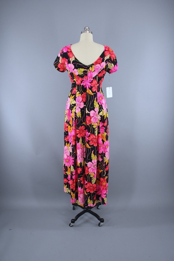 Vintage 1960s Hawaiian Maxi Dress / Black & Pink Floral Print - ThisBlueBird