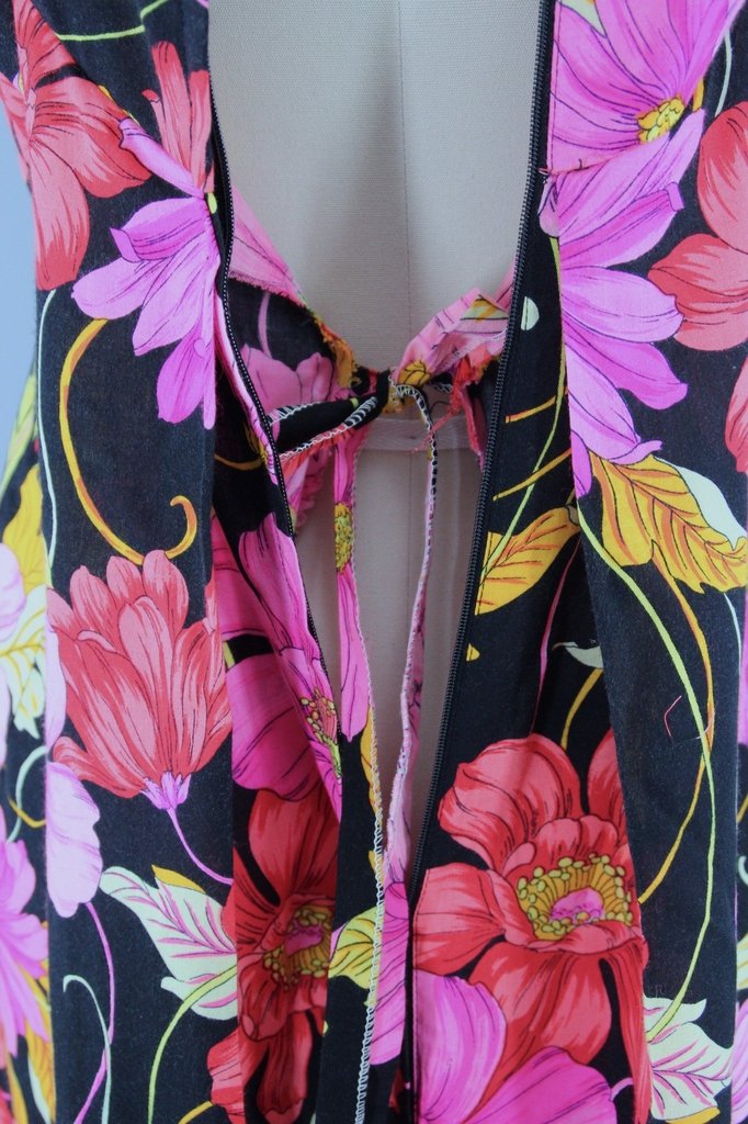 Vintage 1960s Hawaiian Maxi Dress / Black & Pink Floral Print - ThisBlueBird