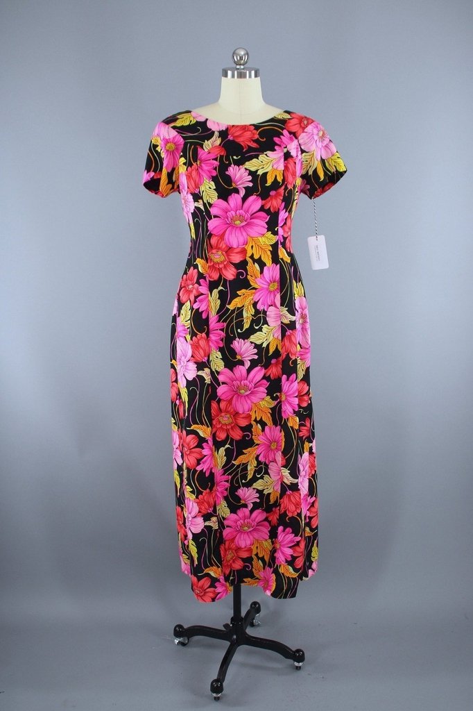Vintage 1960s Hawaiian Maxi Dress / Black &amp; Pink Floral Print - ThisBlueBird