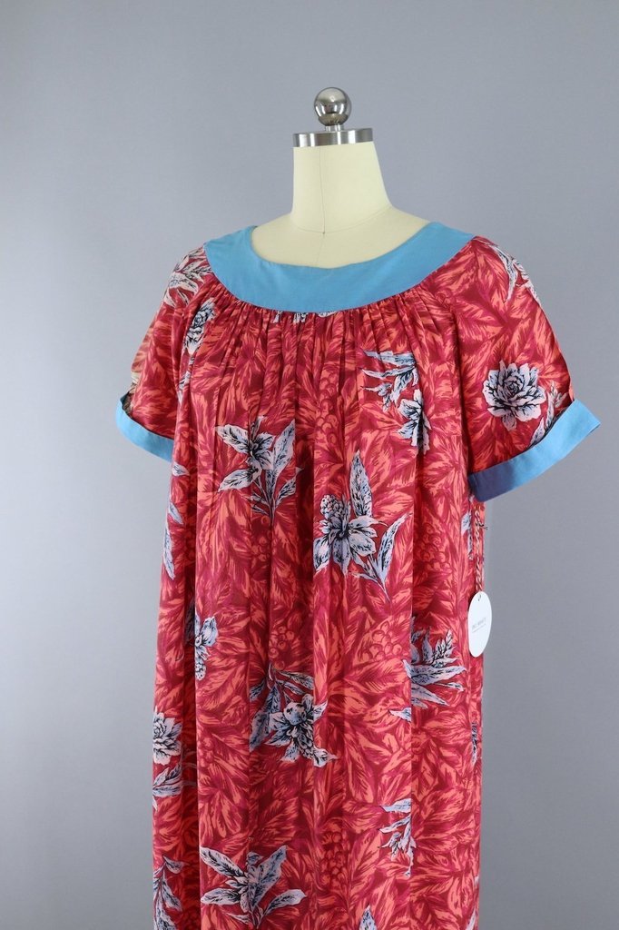 Vintage 1960s Hawaiian Caftan Dress / Pink &amp; Blue Floral - ThisBlueBird