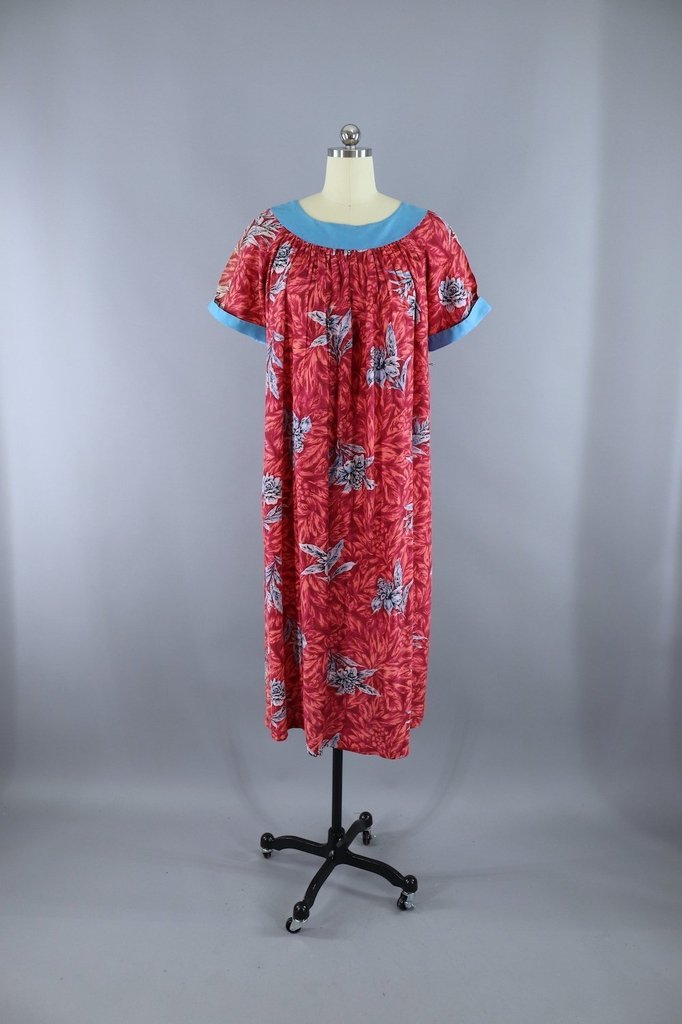 Vintage 1960s Hawaiian Caftan Dress / Pink &amp; Blue Floral - ThisBlueBird