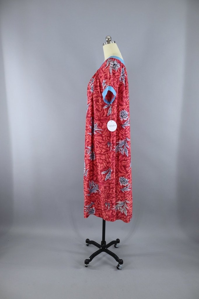 Vintage 1960s Hawaiian Caftan Dress / Pink &amp; Blue Floral - ThisBlueBird