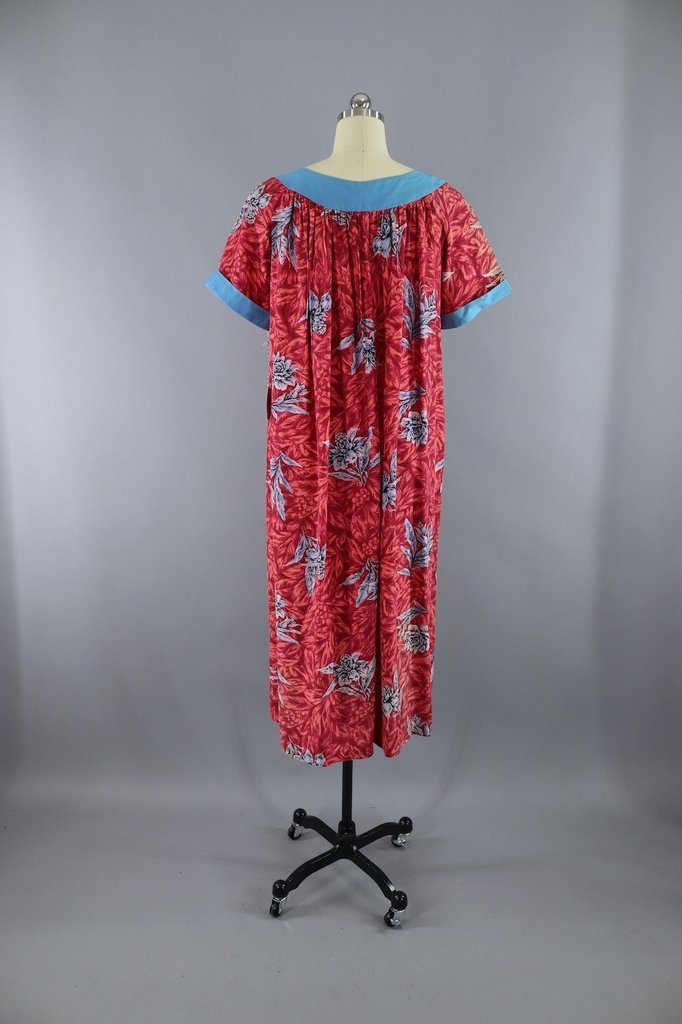 Vintage 1960s Hawaiian Caftan Dress / Pink &amp; Blue Floral - ThisBlueBird