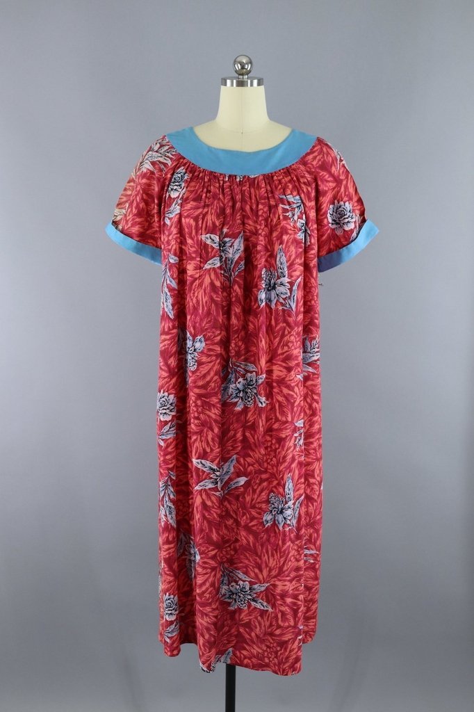 Vintage 1960s Hawaiian Caftan Dress / Pink &amp; Blue Floral - ThisBlueBird