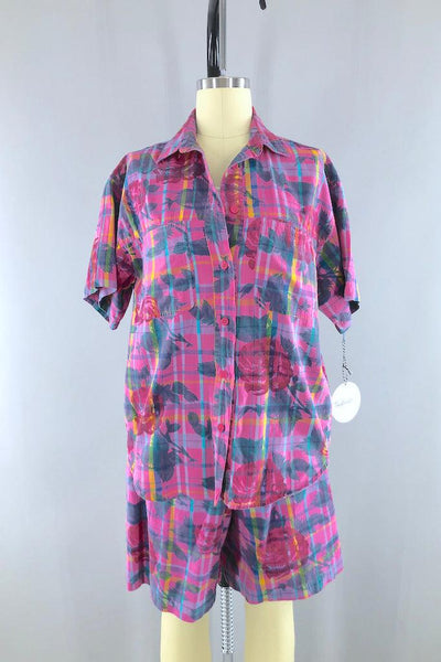 Vintage Pink Floral Plaid Print Shirt and Shorts Set-ThisBlueBird