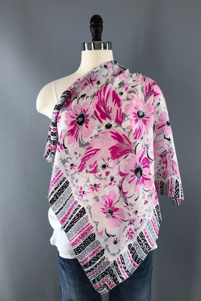 Vintage Pink Floral Print Brico Silk Scarf-ThisBlueBird - Modern Vintage