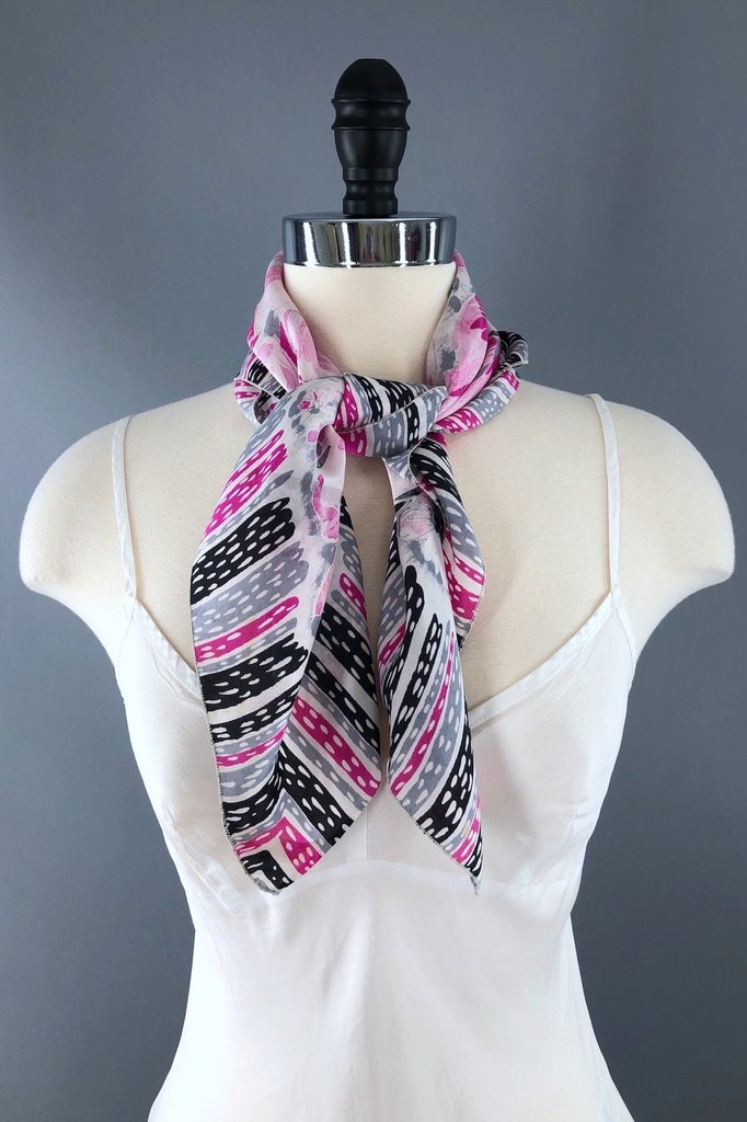 Vintage Pink Floral Print Brico Silk Scarf-ThisBlueBird - Modern Vintage