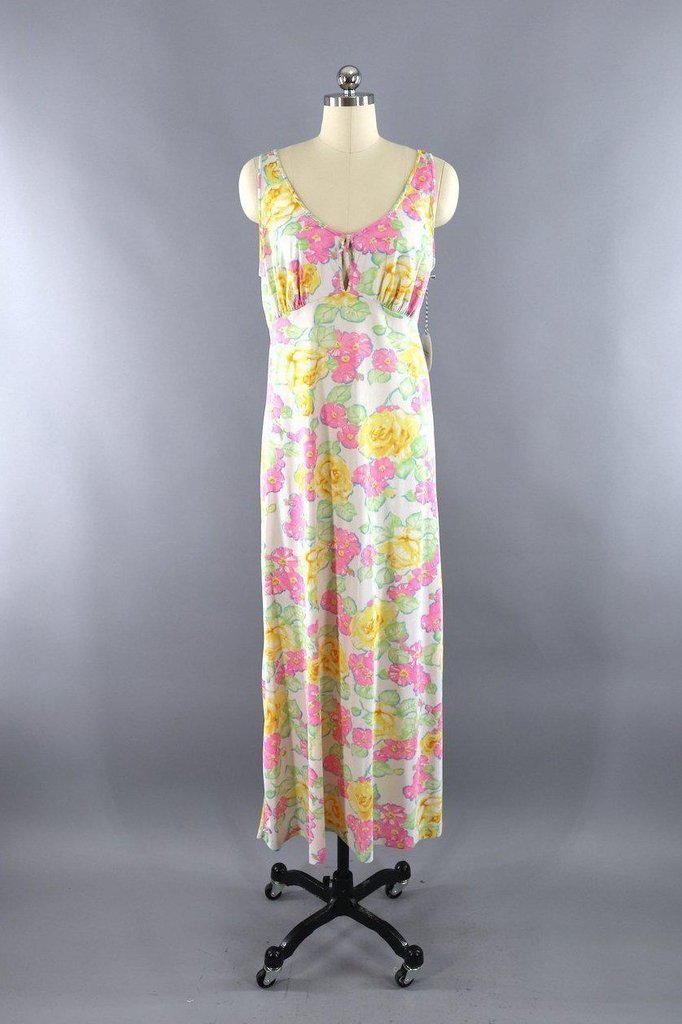 Vintage 1960s Pink Floral Print Long Nightgown - ThisBlueBird