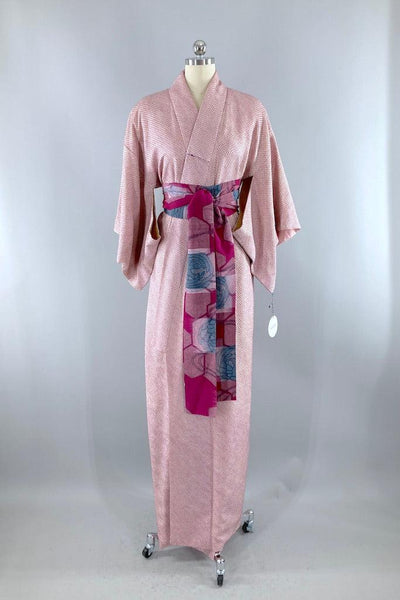 Vintage Pink Full Shibori Silk Kimono Robe-ThisBlueBird