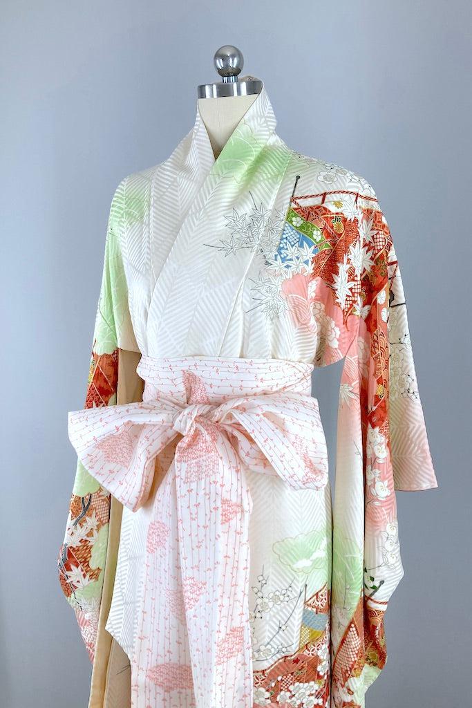 Vintage Pink & Green Silk Kimono Robe-ThisBlueBird
