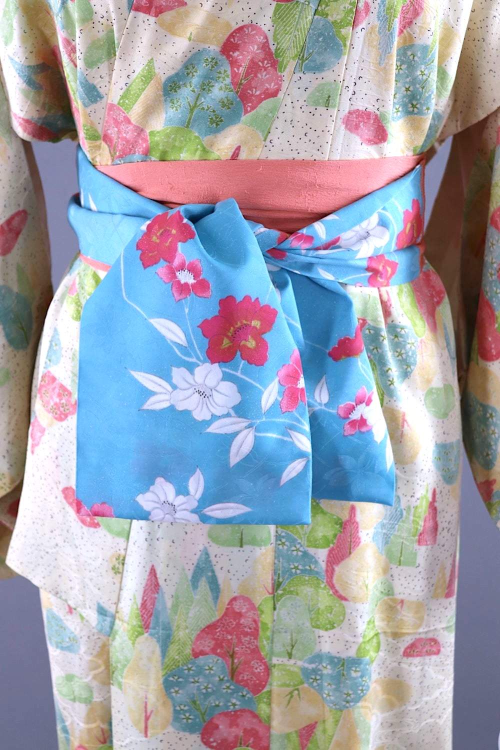 Vintage Silk Kimono Robe / Pink &amp; Green Trees-ThisBlueBird