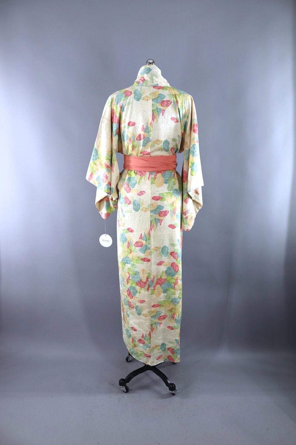 Vintage Silk Kimono Robe / Pink &amp; Green Trees-ThisBlueBird