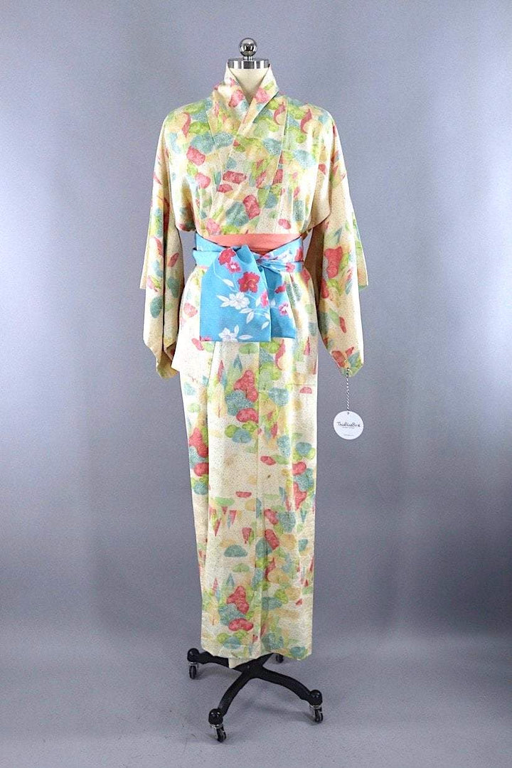 Vintage Silk Kimono Robe / Pink &amp; Green Trees-ThisBlueBird