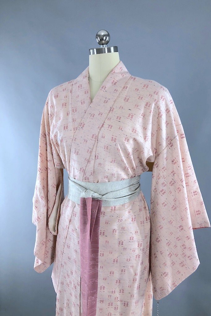 Vintage Pink Ikat Raw Silk Kimono Robe-ThisBlueBird