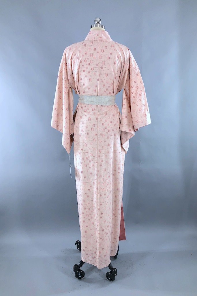 Vintage Pink Ikat Raw Silk Kimono Robe-ThisBlueBird