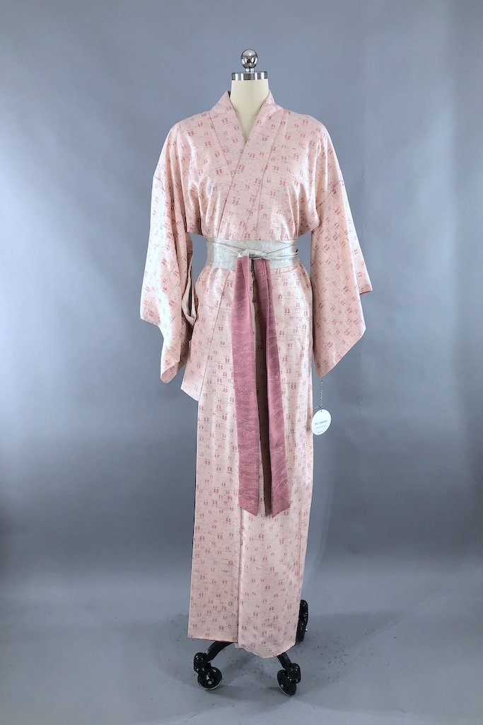 Vintage Pink Ikat Raw Silk Kimono Robe-ThisBlueBird