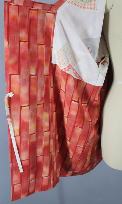 1980s Vintage Kimono Michiyuki Jacket / Salmon Pink Orange Watercolor Print - ThisBlueBird