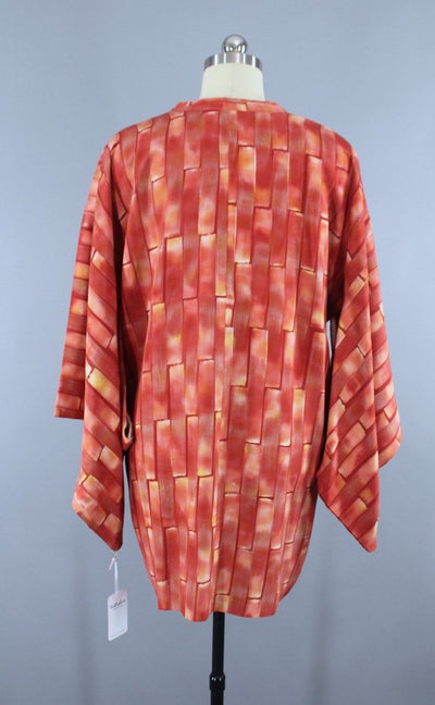 1980s Vintage Kimono Michiyuki Jacket / Salmon Pink Orange Watercolor Print - ThisBlueBird
