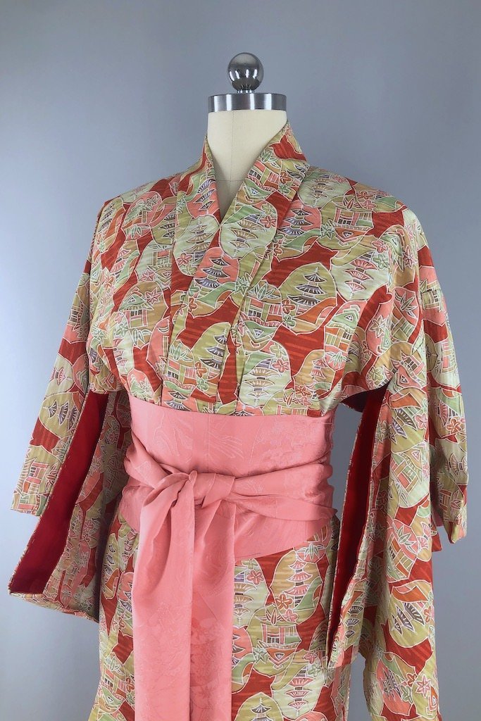 Vintage Pink Pagodas Silk Kimono Robe-ThisBlueBird - Modern Vintage
