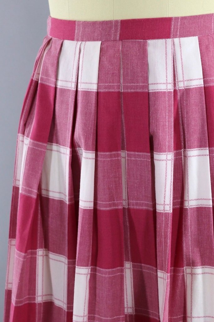 Vintage Pink Plaid Pleated Skirt - ThisBlueBird