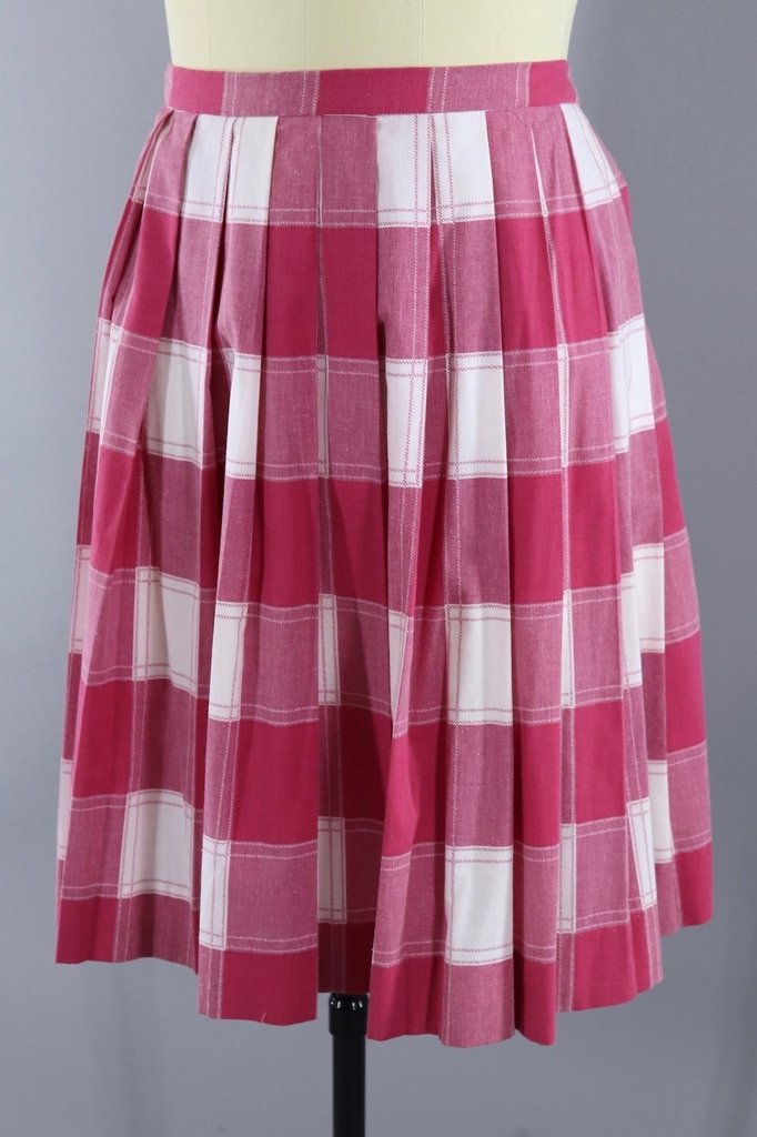 Vintage Pink Plaid Pleated Skirt - ThisBlueBird
