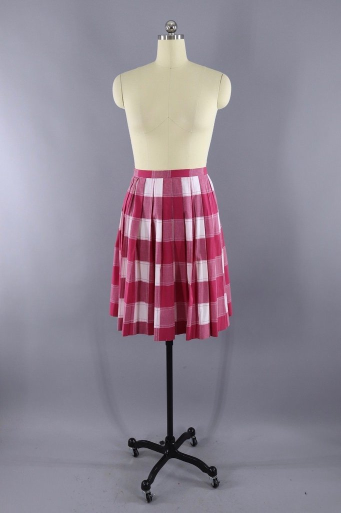 Vintage Pink Plaid Pleated Skirt - ThisBlueBird
