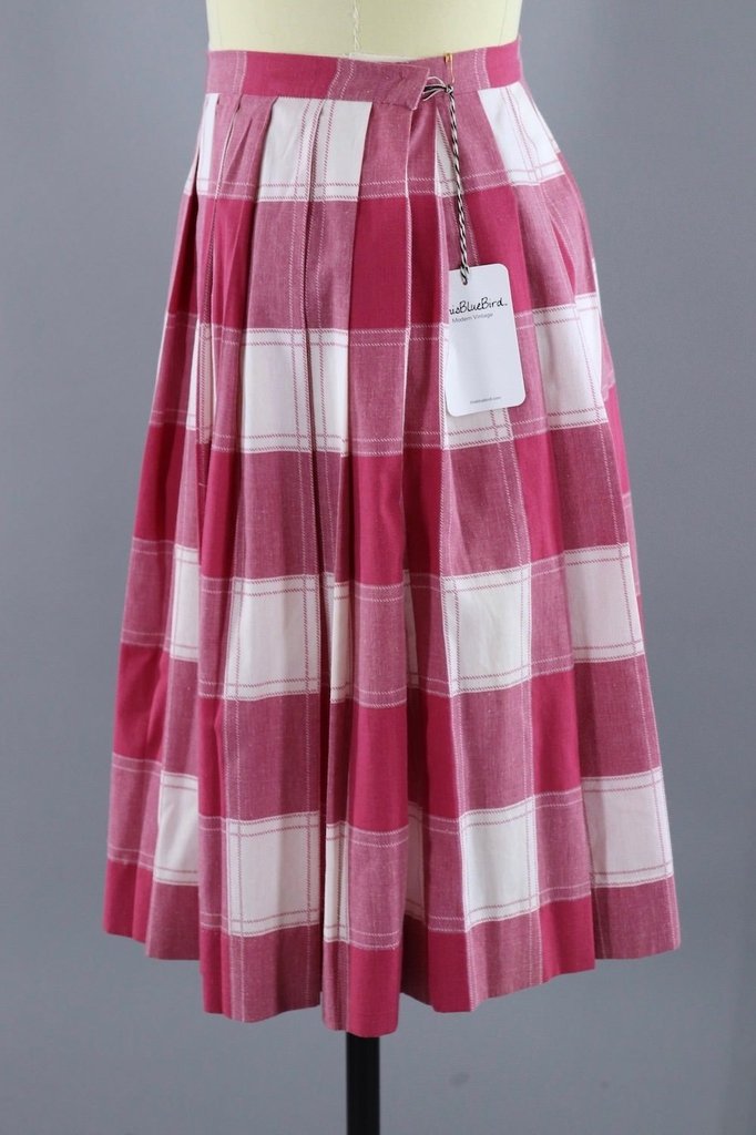 Vintage Pink Plaid Pleated Skirt - ThisBlueBird