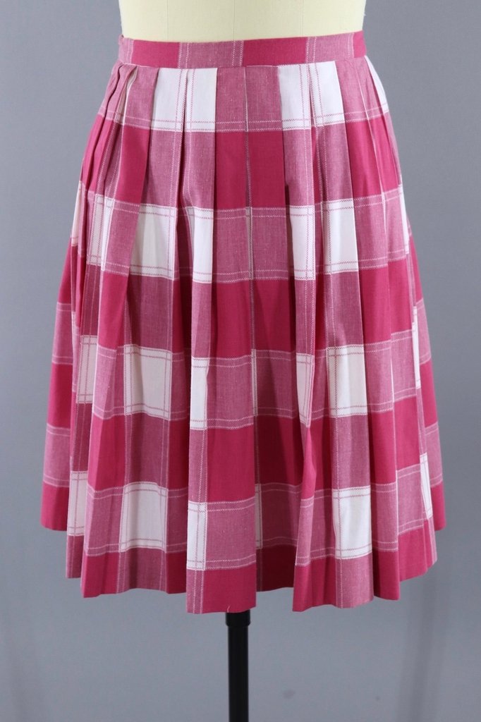 Vintage Pink Plaid Pleated Skirt - ThisBlueBird