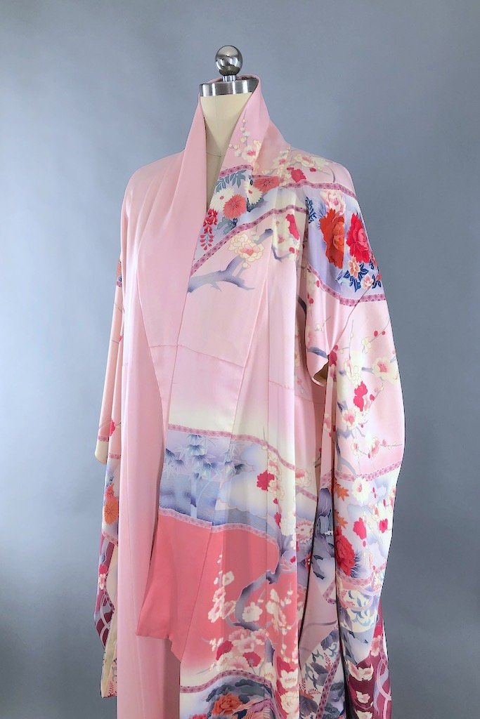 Vintage Pink & Purple Floral Silk Kimono Robe-ThisBlueBird - Modern Vintage