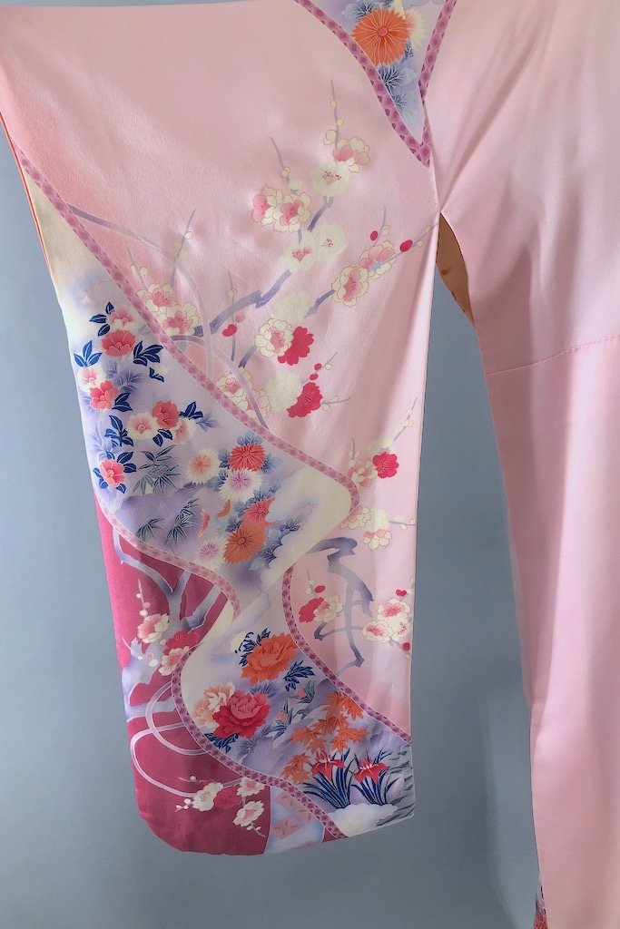 Vintage Pink &amp; Purple Floral Silk Kimono Robe-ThisBlueBird - Modern Vintage