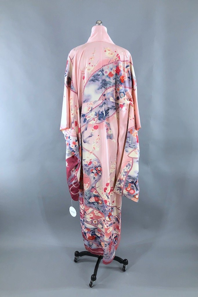 Vintage Pink &amp; Purple Floral Silk Kimono Robe-ThisBlueBird - Modern Vintage