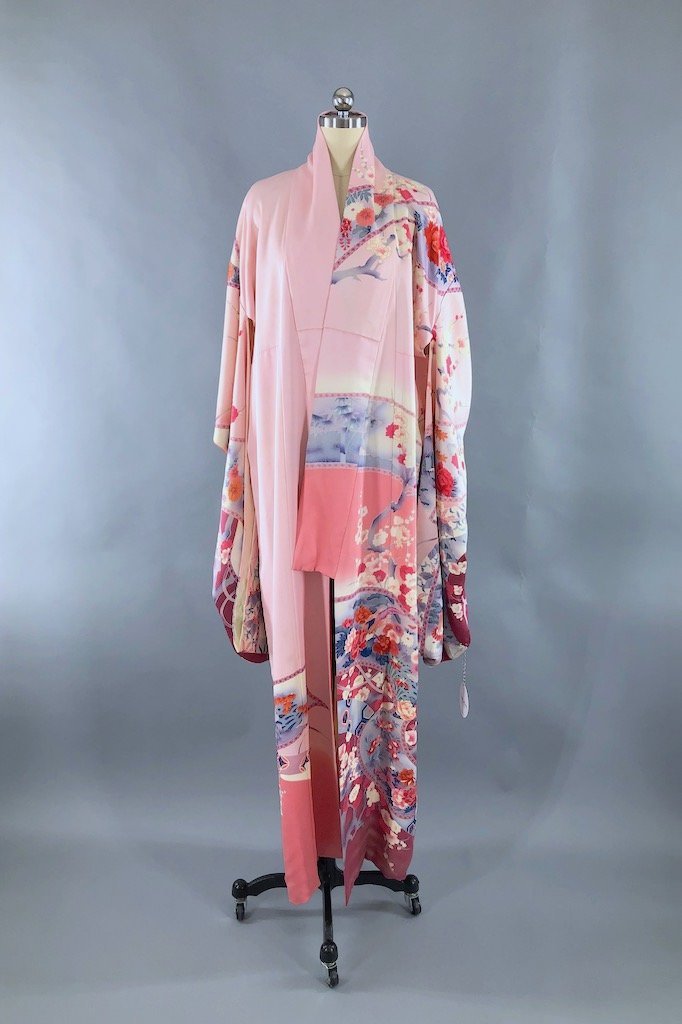 Vintage Pink &amp; Purple Floral Silk Kimono Robe-ThisBlueBird - Modern Vintage