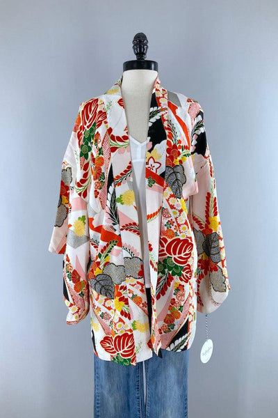 Vintage Pink & Red Silk Kimono Cardigan-ThisBlueBird