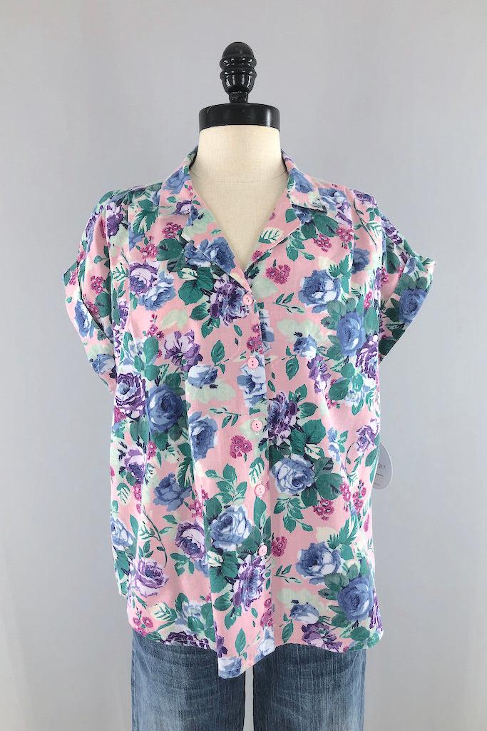 Vintage Pink Rose Print Summer Shirt-ThisBlueBird
