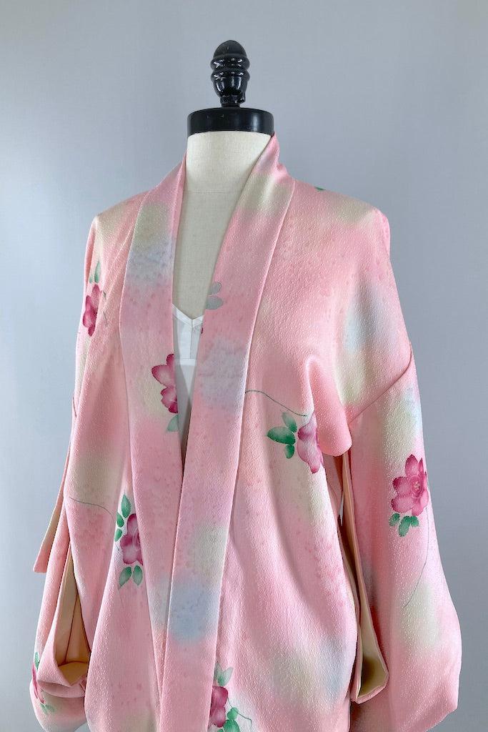 Vintage Pink Roses Silk Kimono Cardigan-ThisBlueBird