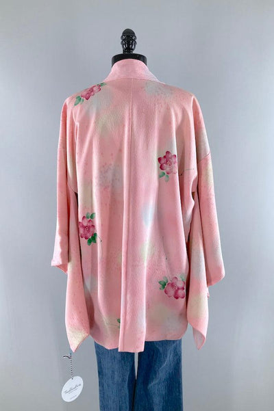 Vintage Pink Roses Silk Kimono Cardigan-ThisBlueBird