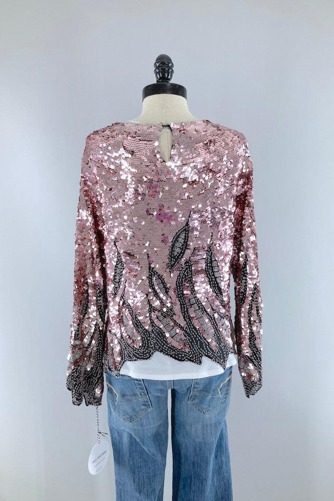 Vintage Pink Sequined Silk Chiffon Top-ThisBlueBird
