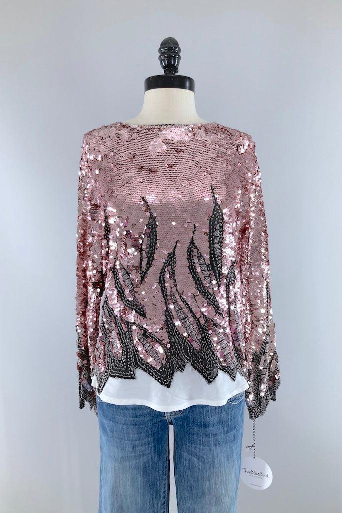 Vintage Pink Sequined Silk Chiffon Top-ThisBlueBird