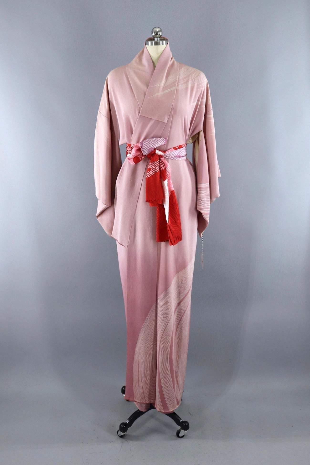 Vintage Silk Kimono Robe / Lavender Pink Stripes-ThisBlueBird