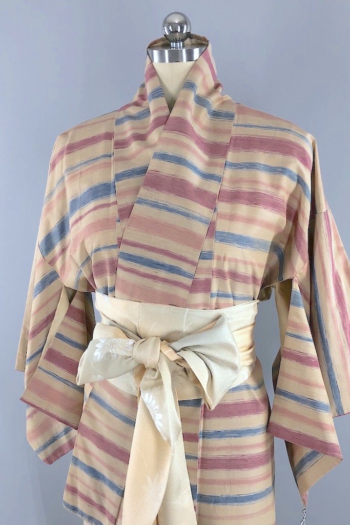 Vintage Pink Taupe Raw Silk Kimono Robe-ThisBlueBird - Modern Vintage