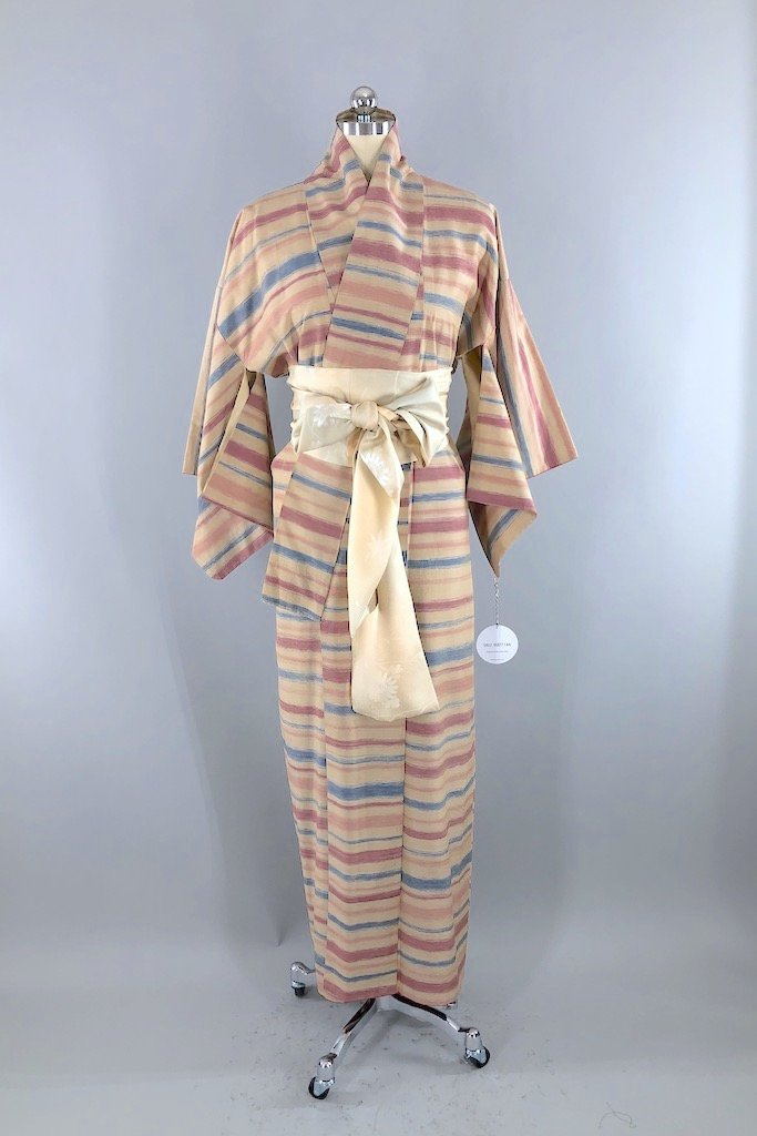 Vintage Pink Taupe Raw Silk Kimono Robe-ThisBlueBird - Modern Vintage