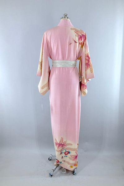 Vintage Pink & Turquoise Floral Silk Kimono Robe-ThisBlueBird