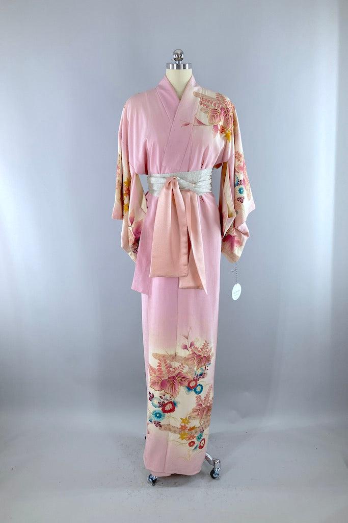 Vintage Pink & Turquoise Floral Silk Kimono Robe-ThisBlueBird