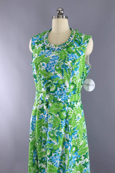 Vintage 1960s Preppy Green Floral Print Dress-ThisBlueBird