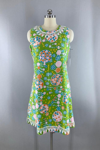 Vintage Preppy Green Floral Print Dress-ThisBlueBird
