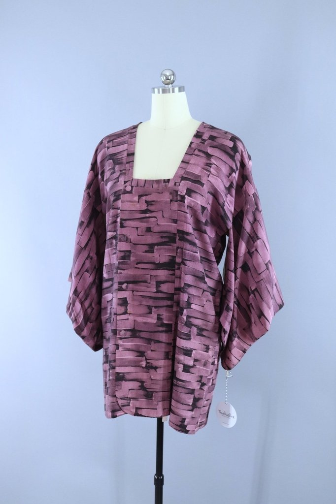 Vintage 1970s Michiyuki Kimono Coat / Purple &amp; Black Abstract - ThisBlueBird